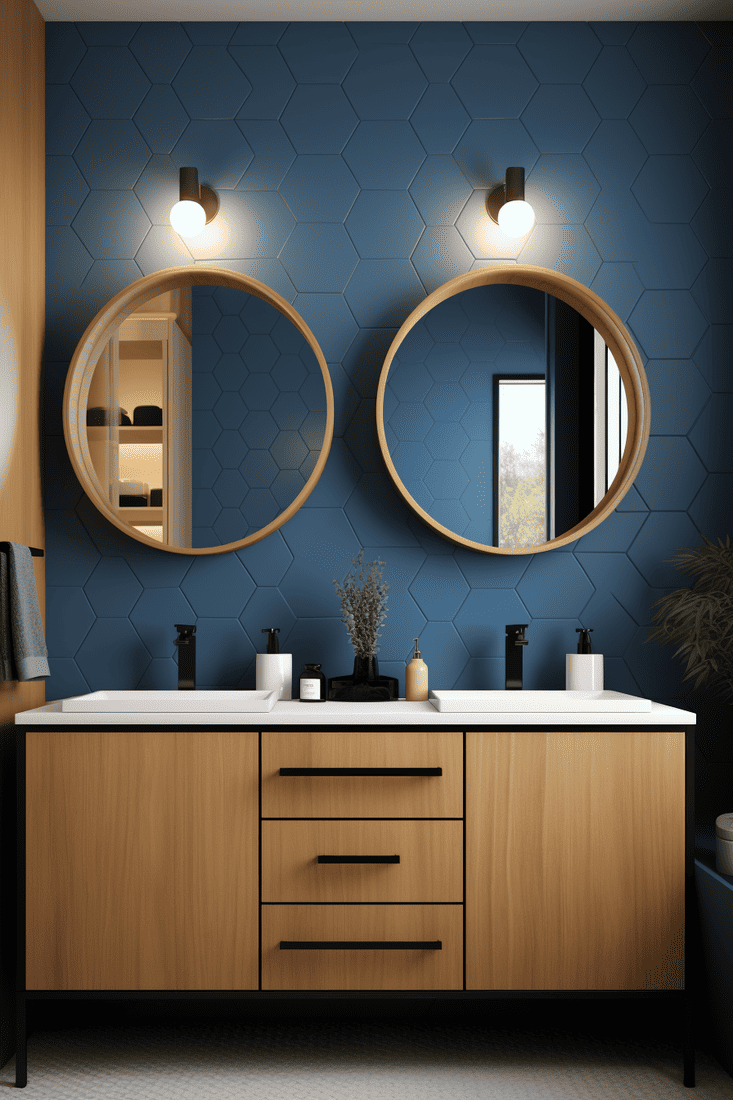 a hyperrealistic image of a bathroom with blue, light wood, and black fixtures.