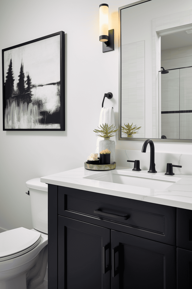 a hyperrealistic photograph of a bathroom with black fixtures and a focus on art. Showcase the black fixtures throughout the bathroom with a black picture frame that ties everything together. 
