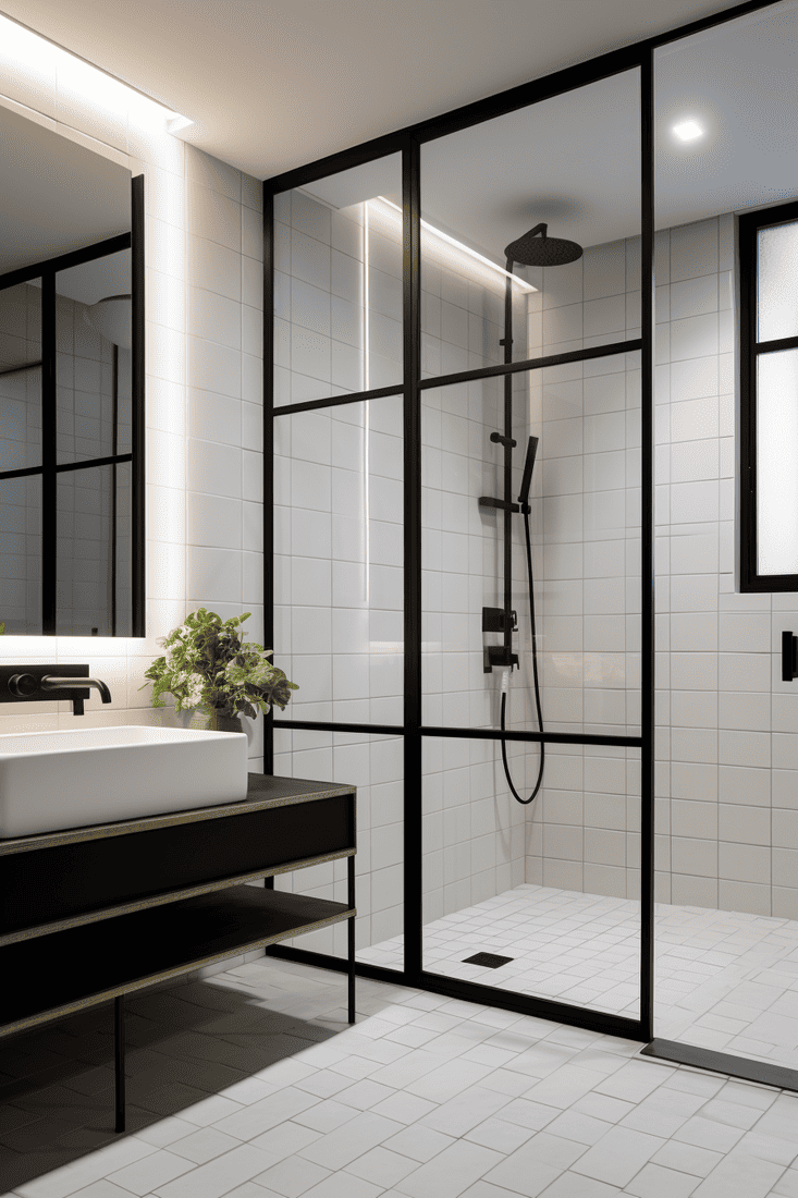 a hyperrealistic photograph of a modern glass bathroom with white and grey tile and black fixtures/detailing. Emphasize how the black trim and fixtures make the design stand out.