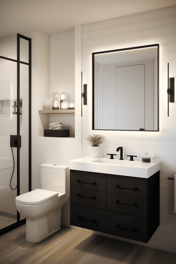 a photorealistic depiction of a well-utilized, small bathroom space with black framing for separation. Emphasize the ambient lighting under the cabinetry for a fresh, contemporary atmosphere.