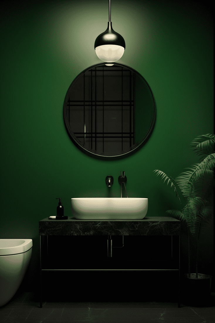 a photorealistic image of a deep green bathroom with black fixtures, exuding a mysterious allure. Highlight the ultra-dark sink that creates a floating effect for the white bowl. 