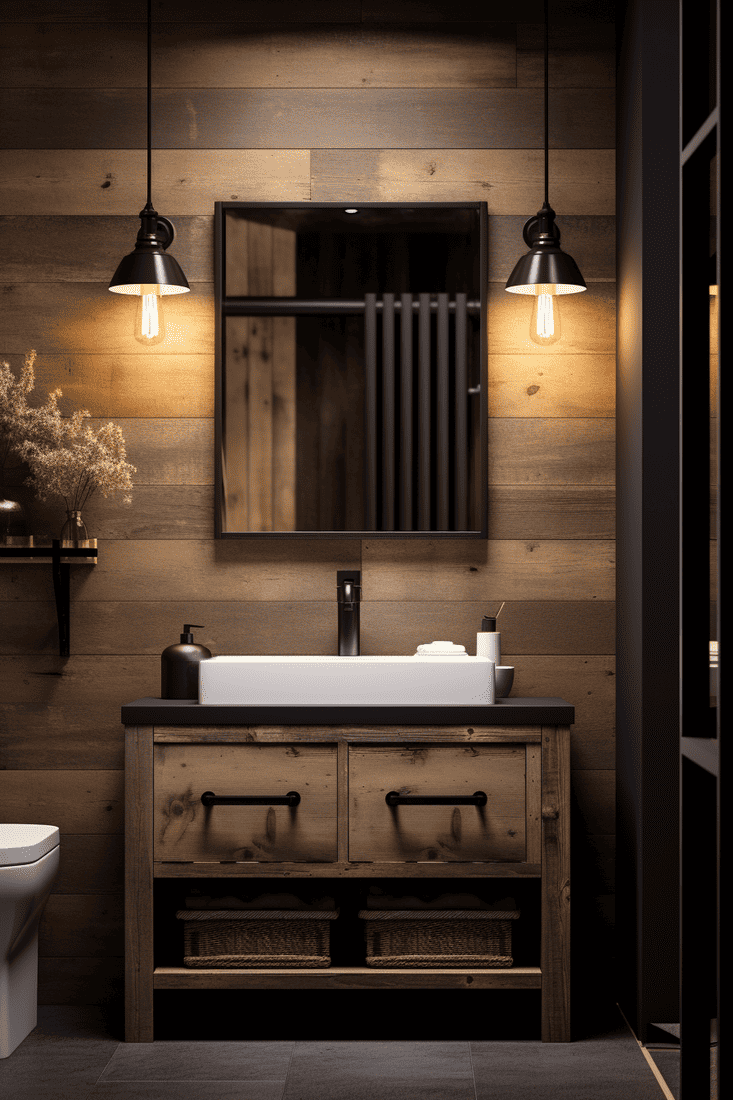 a photorealistic representation of a rustic bathroom with black fixtures, reminiscent of countryside charm. 