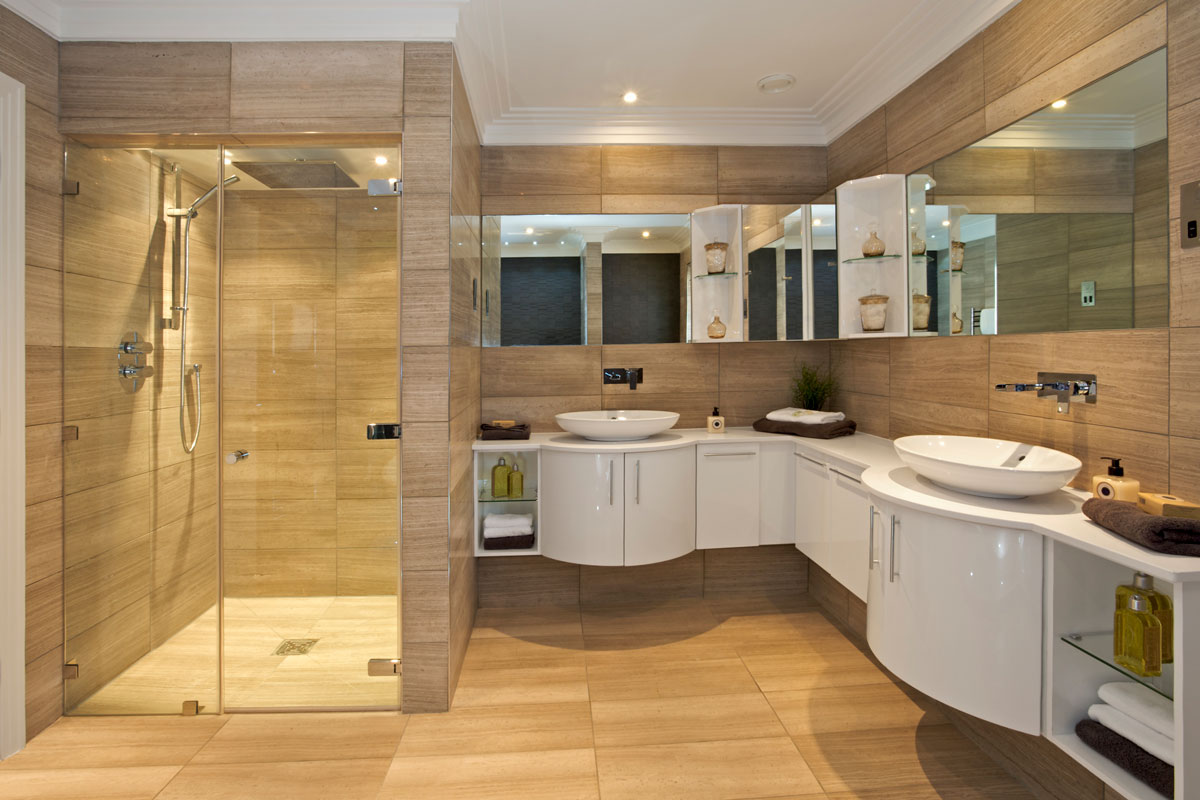 beautiful bathroom suite in a luxury new home with a large shower unit