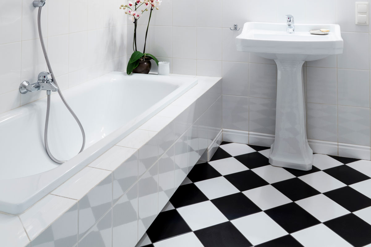 black and white bathroom interior with checkered patterns
