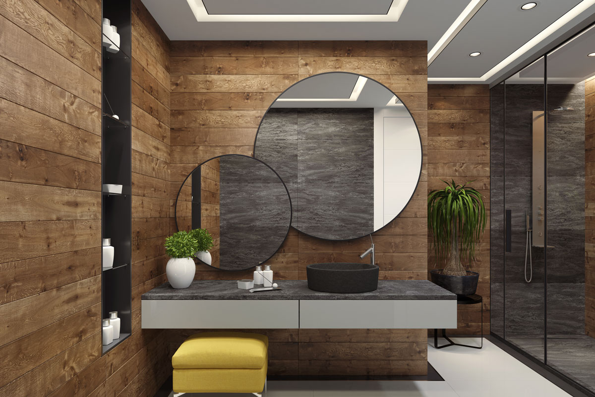 contemporary minimalist bathroom with wooden walls and large white and gray tiles