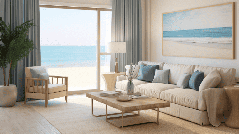 living room with soft sandy beige walls, camel-colored couch, and blue sea-themed accents. A driftwood coffee table and seashell decor items highlight the coastal theme - 1600x900