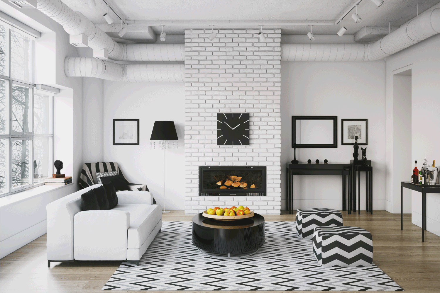 luxurious industrial loft interior scene, accent wall decorated near the fireplace