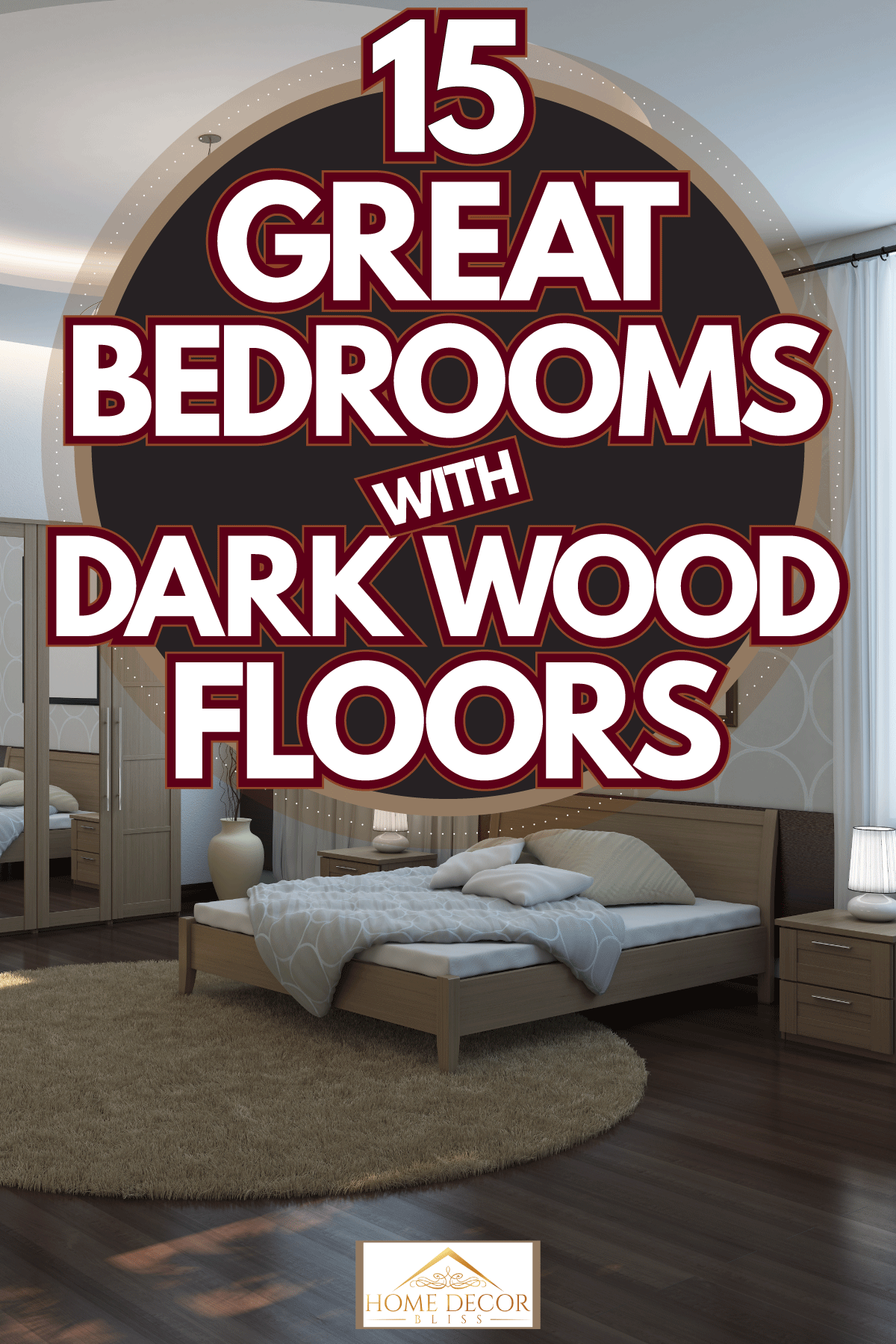 Dark wood texture flooring bedroom with white walls and a light chandelier, 15 Great Bedrooms With Dark Wood Floors