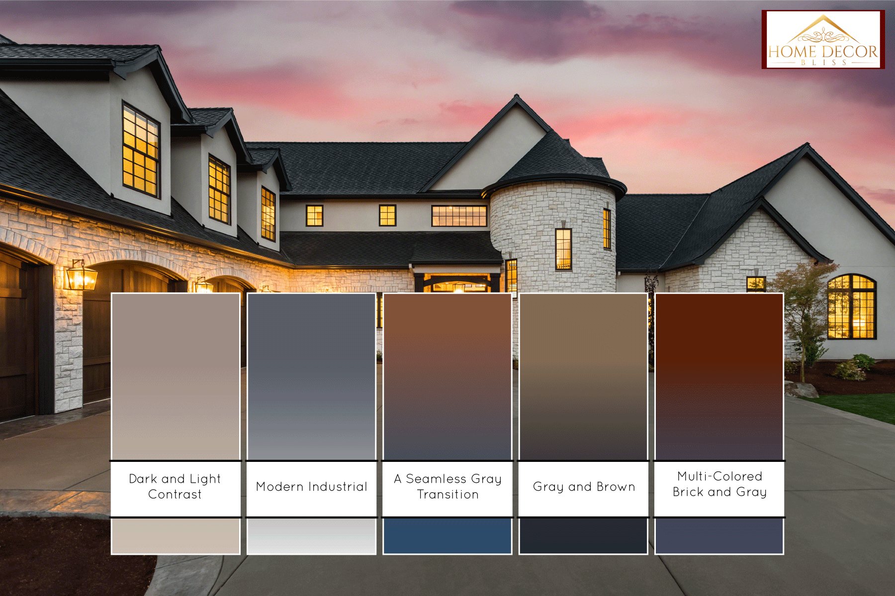 A huge mansion with white stone brick walls and black shingle roofing, 15 Great House And Roof Color Combinations