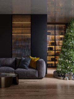 Luxurious Living Room Interior At Night With Sofa, Christmas Tree And Gift Boxes, 15 Great Living Rooms With Dark Wood Floor