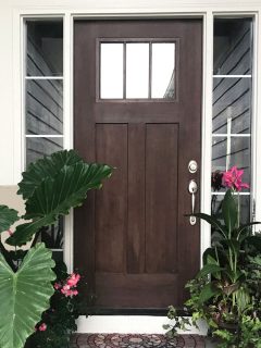 A brown fron door with white painted trims and plants on the sides for decoration, Should Sidelights Match Front Door?