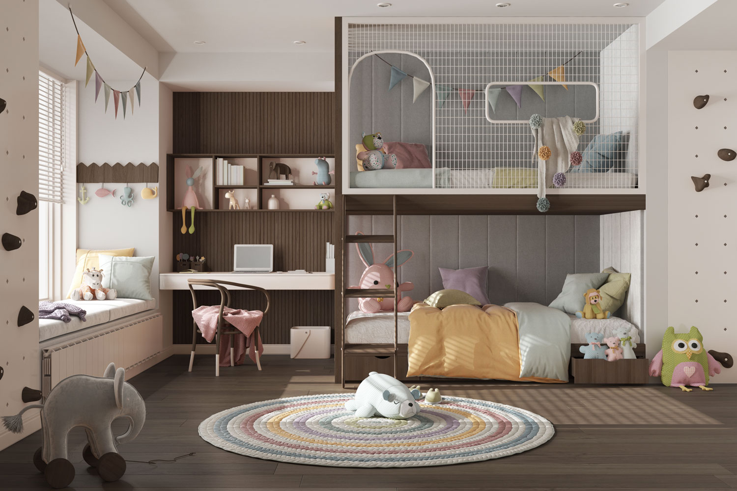 A Childs bedroom with dark brown laminated flooring with toys and white ceiling
