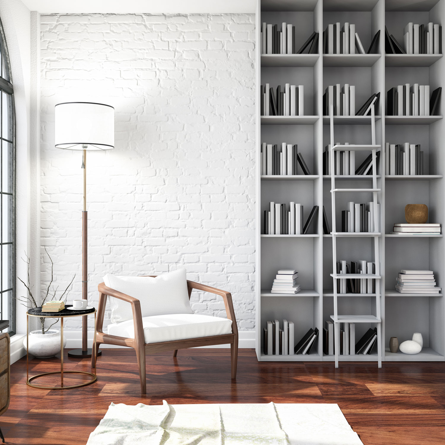 A gorgeous reading or work area with a gray bookshelf filled with books