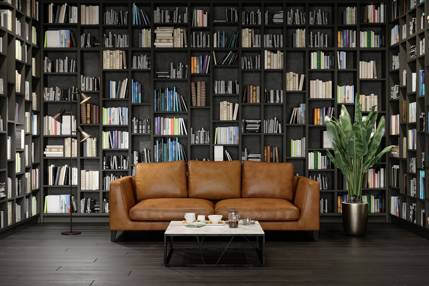 A huge collection of books inside a library with a leather sofa and coffee table