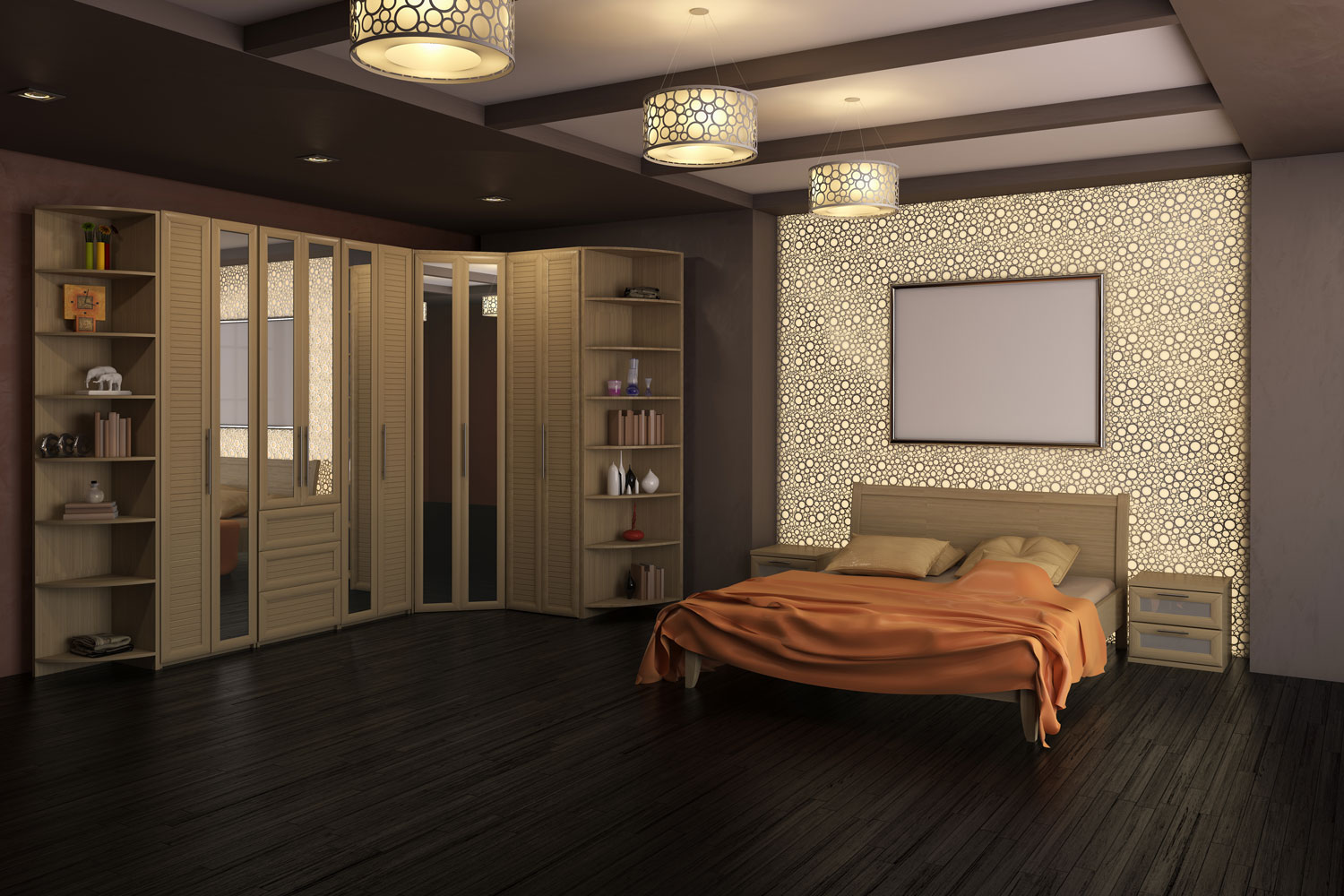 A spacious and luxurious bedroom with dark wood flooring and white paneled cabinets and a bed with orange beddings