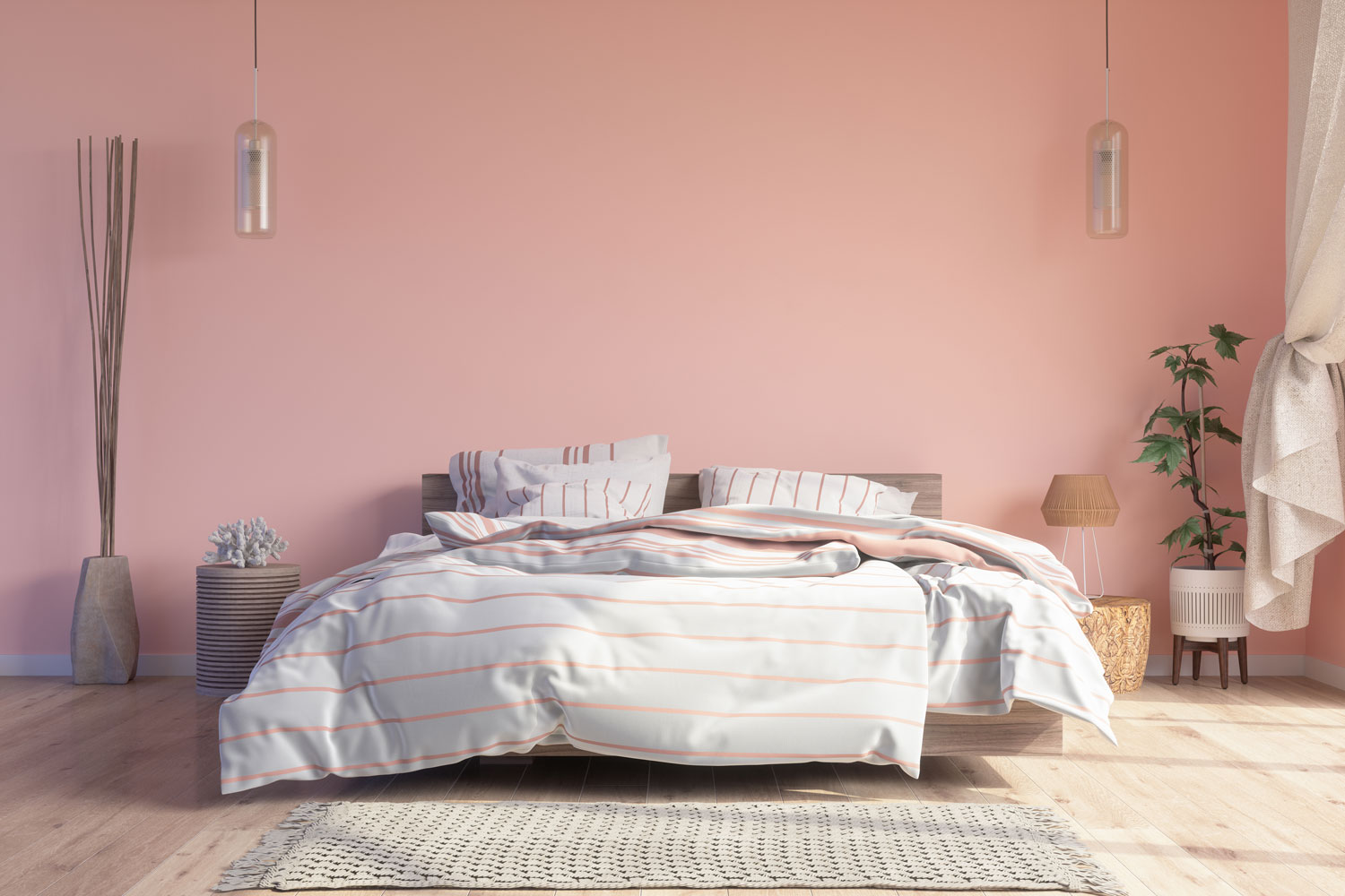 A standard king sized bed inside a pink colored bed