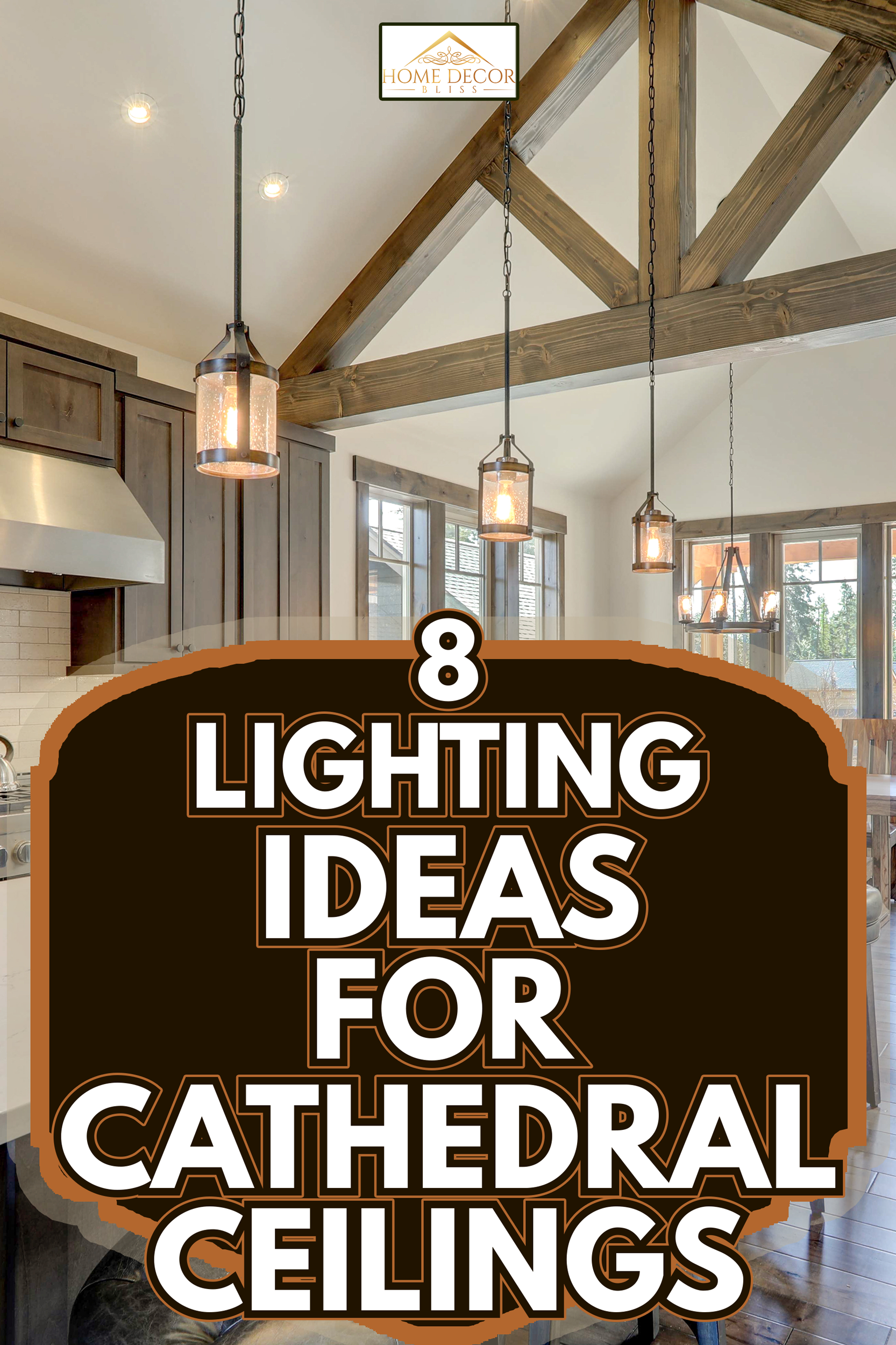 Amazing modern and rustic luxury kitchen with vaulted ceiling and wooden beams, long island with white quarts countertop and dark wood cabinets - 8 Lighting Ideas For Cathedral Ceilings