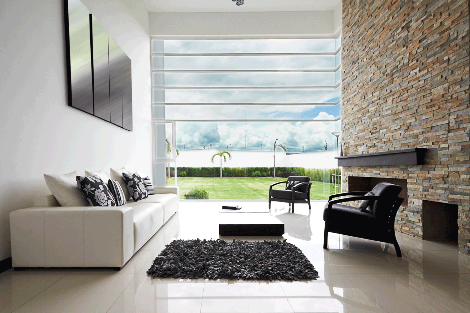 Black And Beige Living Room, floor to ceiling glass window