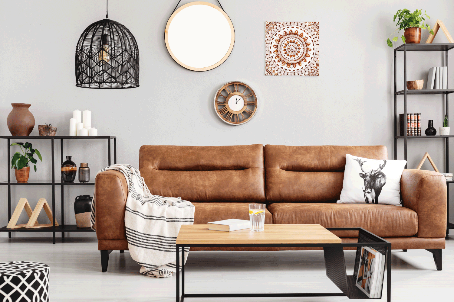 Black And Brown Eclectic Beige Living Room Warm ethno living room with big comfortable leather couch and metal furniture