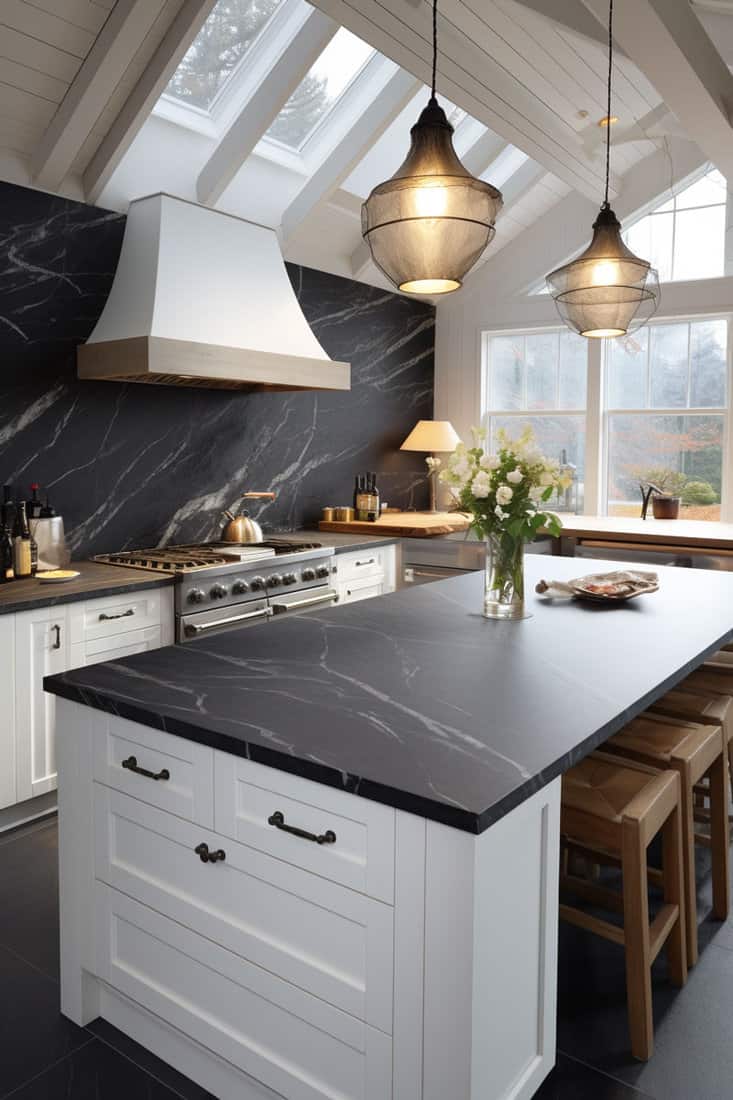 kitchen with black soapstone countertops characterized by distinct white veining