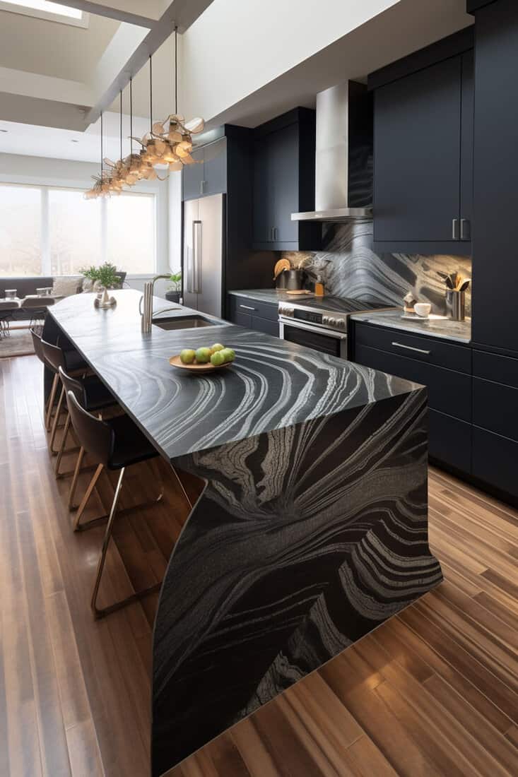 kitchen accentuating a black waterfall countertop extending down to the floor, made of stone with a captivating pattern