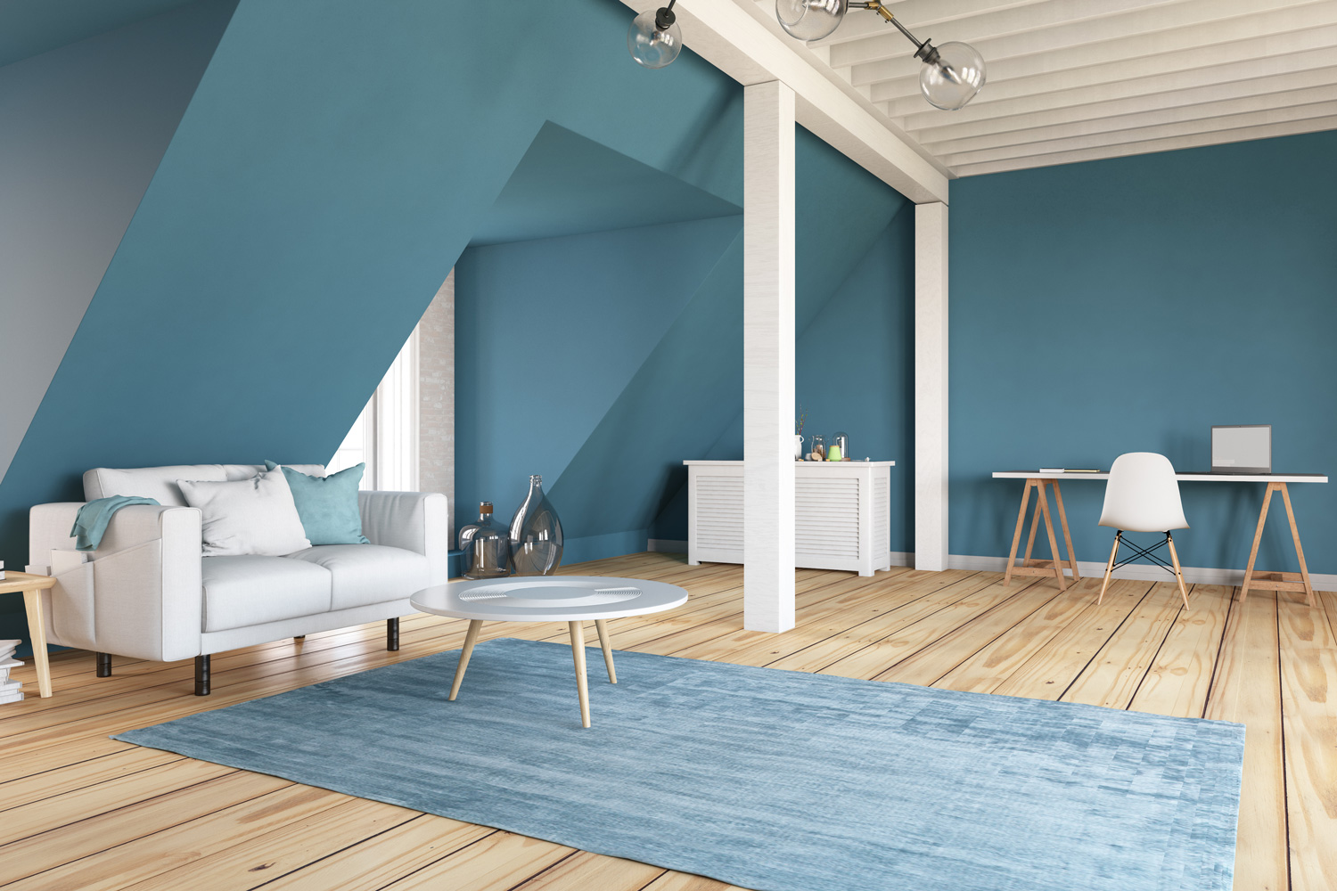 Blue Loft Interior with Sofa and Workspace 