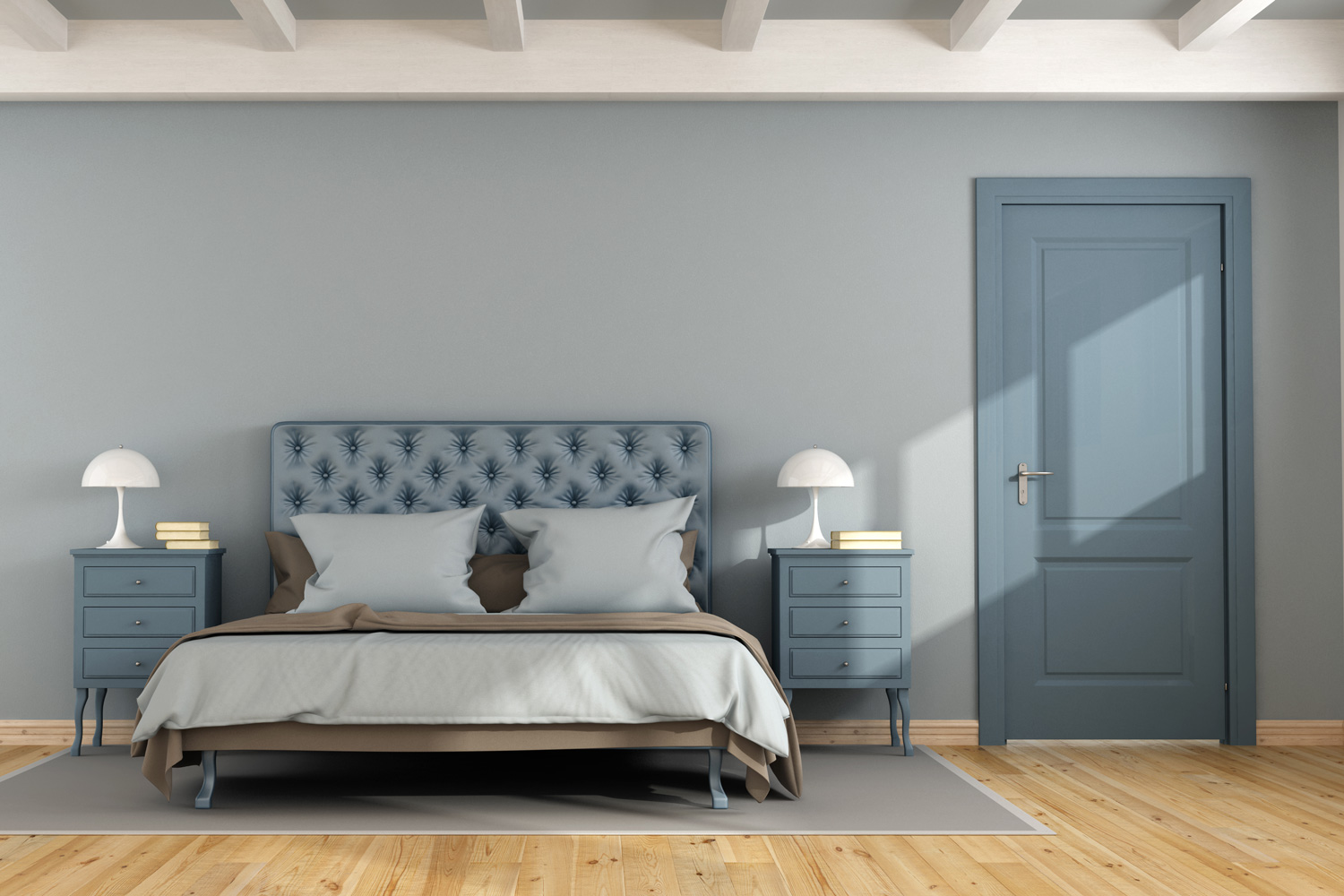 Blue master bedroom with double bed, nightstand and closed door