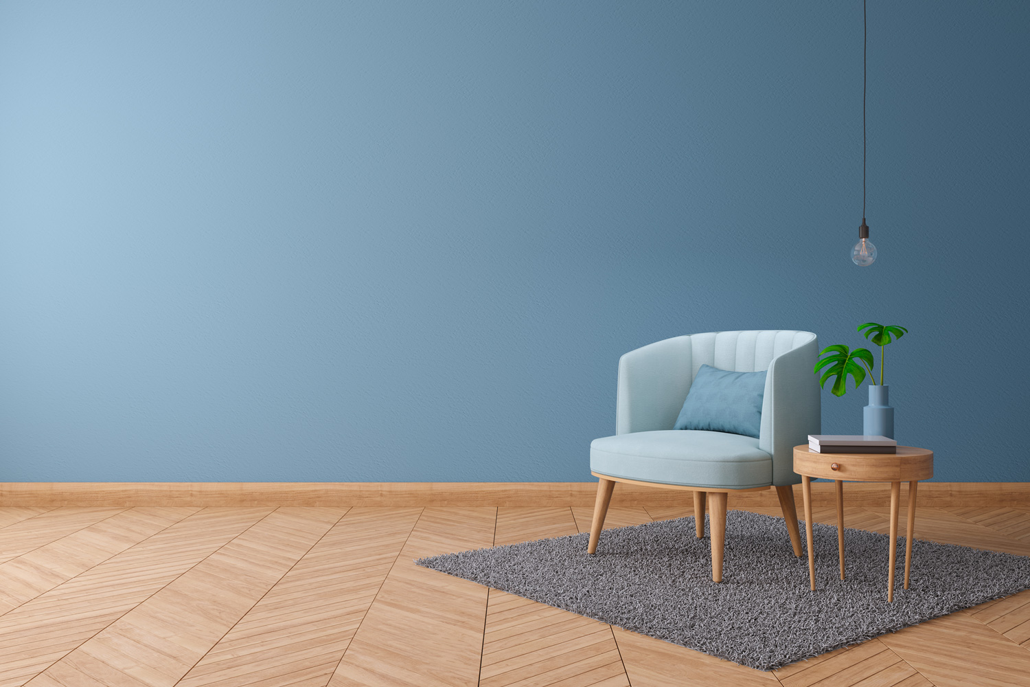 Blueprint home decor concept, blue armchair with wood table on Blue paint color wall and Hardwood Flooring at the home,interior design