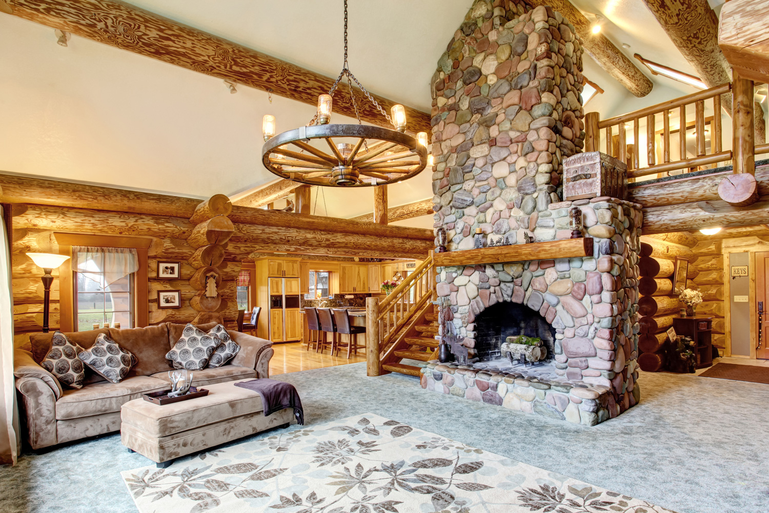 Bright Living room interior in American log cabin house. 