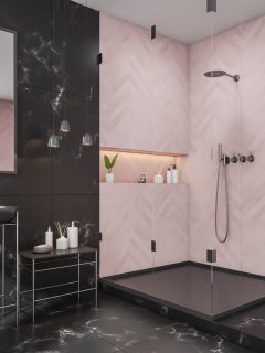 Corner of the shower room interior with a frame vanity unit, a pink area with a niche shelf, a mirror and three lights - How To Tile Shower Niche Without Bullnose