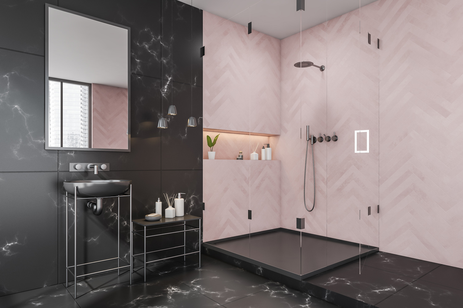 Corner of the shower room interior with a frame vanity unit, a pink area with a niche shelf, a mirror and three lights.