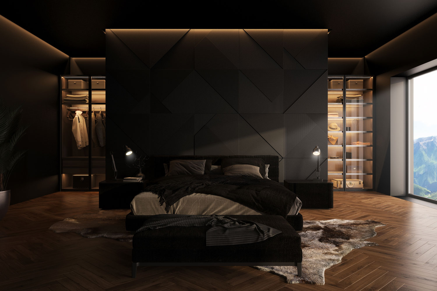 Dark color themed bedroom with backlights and a huge window on the side with an overview