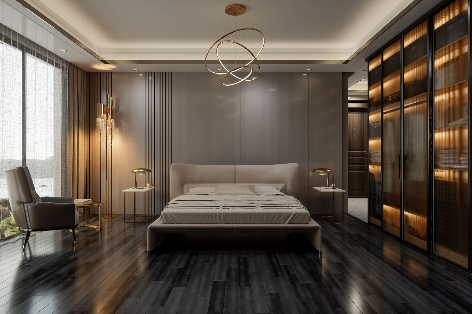 Dark laminated flooring inside a luxurious modern bedroom