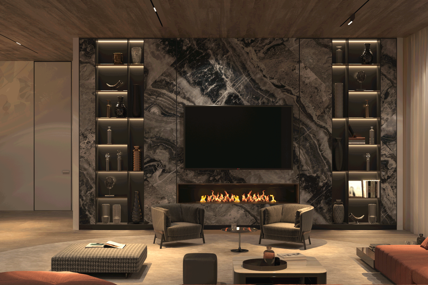 Elegant and luxury interior open living room with night lighting, marble tv wall, bookshelf, stone floor, wooden ceiling