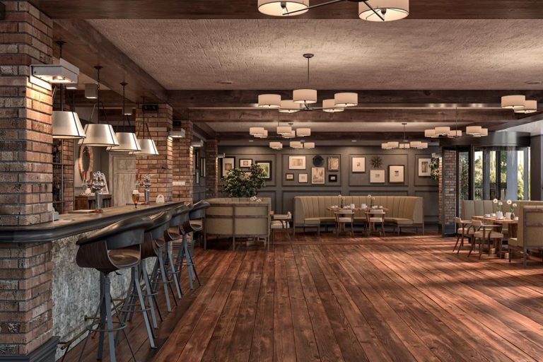 Empty large retro restaurant bar with lounge corners, 11 Wood Floor Paint Color Ideas