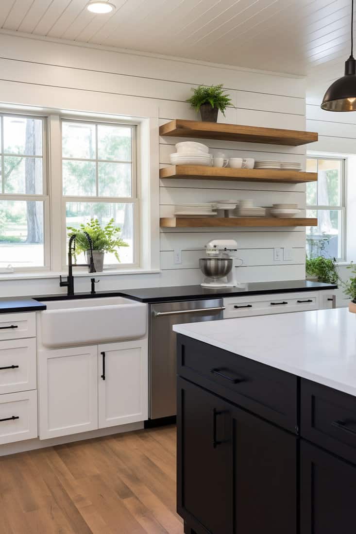 modern farmhouse kitchen featuring black countertops, white upper and lower cabinets, and a standout black farmhouse sink