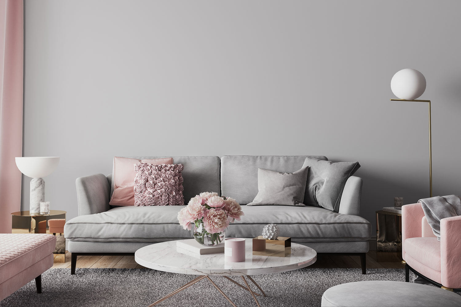 Gray and pink themed living room with gray and pink furniture's