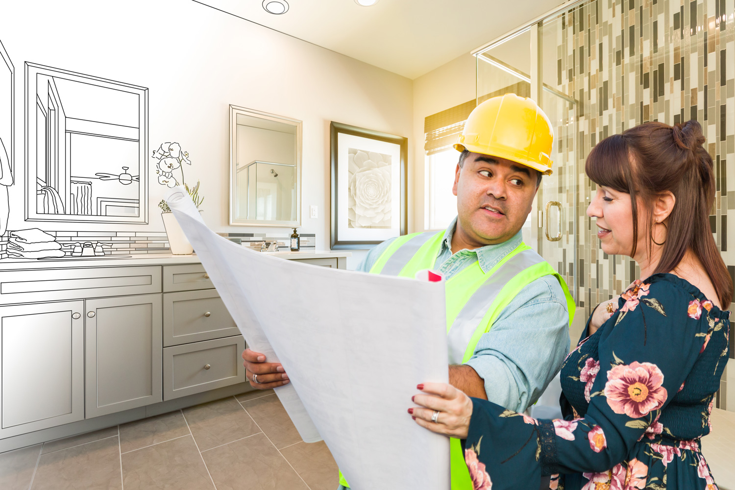 Hispanic Male Contractor Talking with Female Client Over Blueprint Plans In Front of Bathroom Drawing Gradating to Photo.