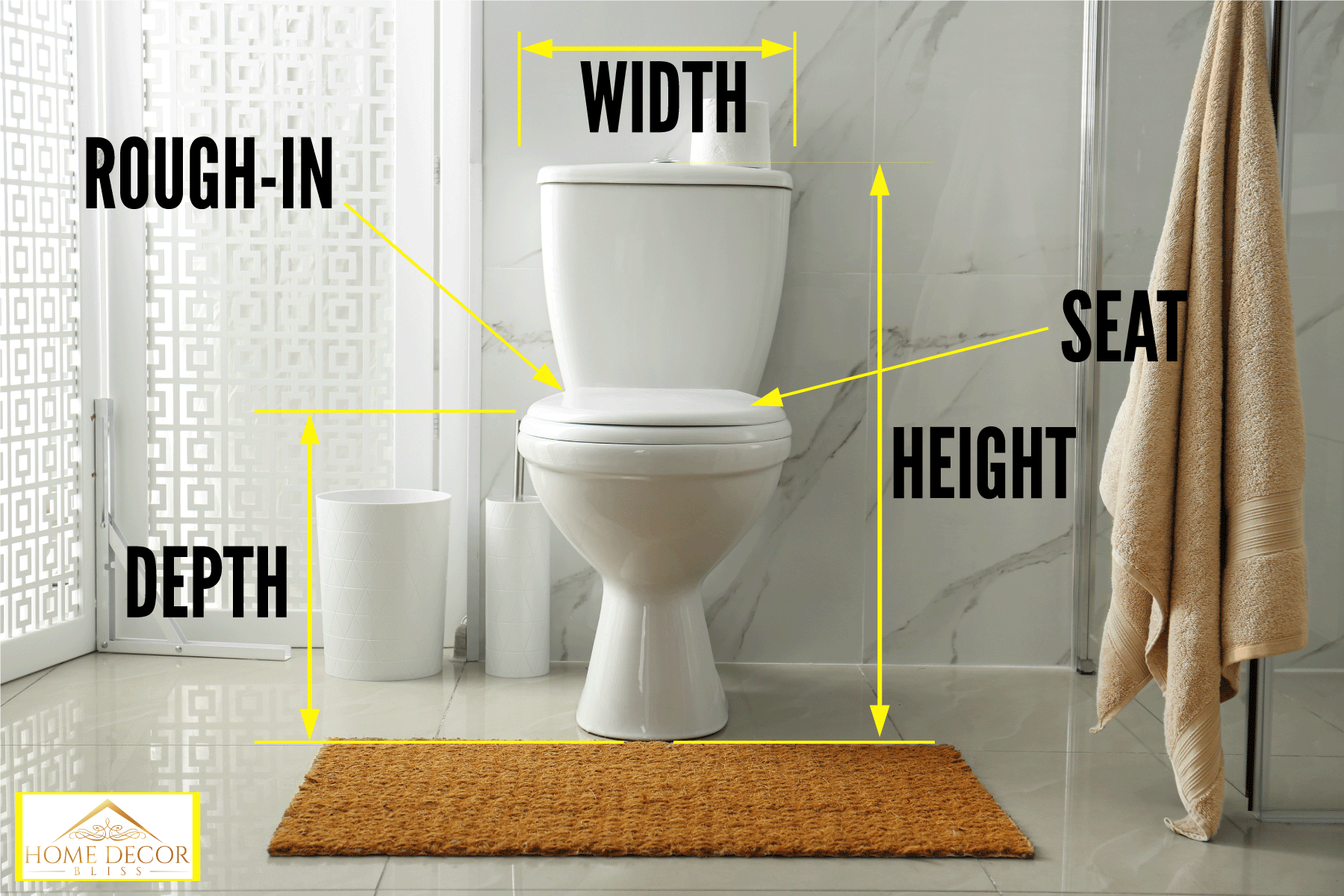 Marble tiled bathroom with a toilet and a rug on the middle, How to Measure a Toilet [Inc. Seat]
