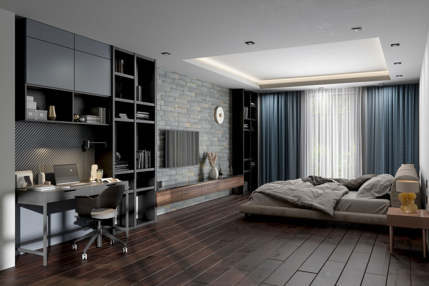 Huge open space bedroom with dark laminated flooring with matching dark cabinets