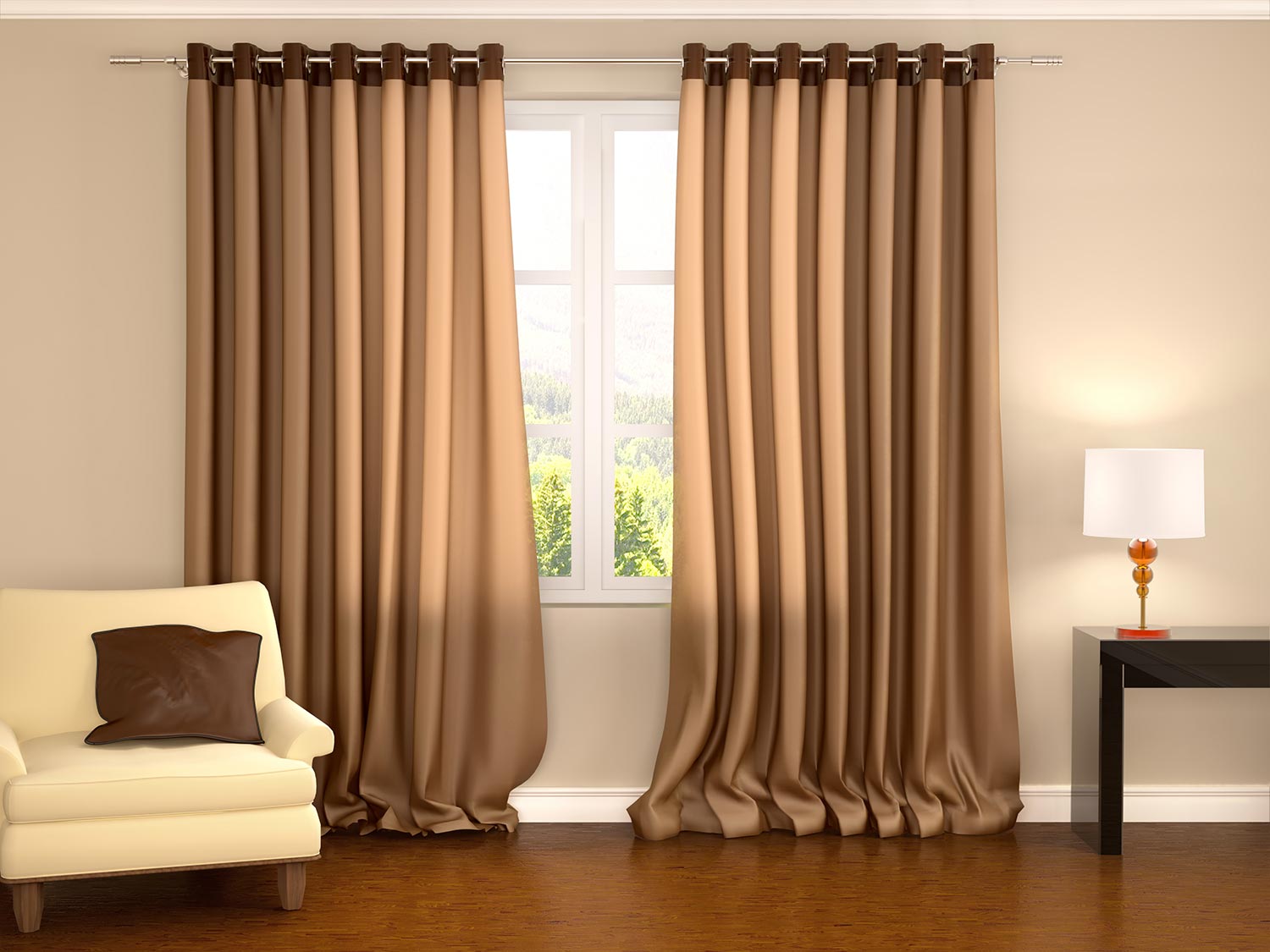 Illustration of brown curtains in warm interior