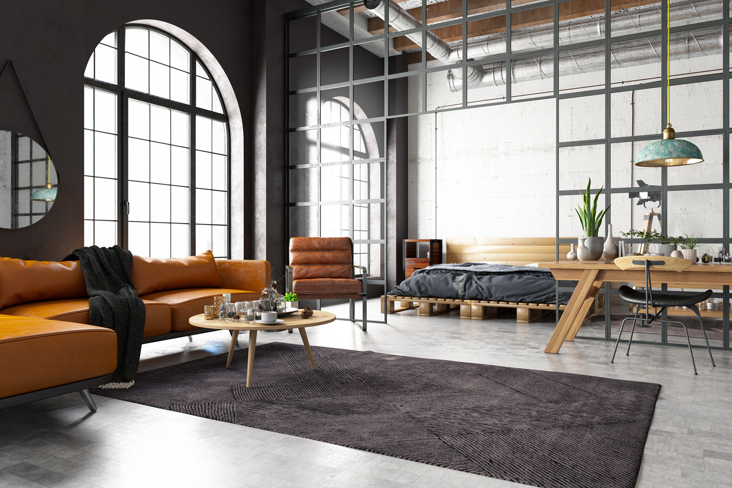 Industrial Style Loft Bedroom wiht Living Room.