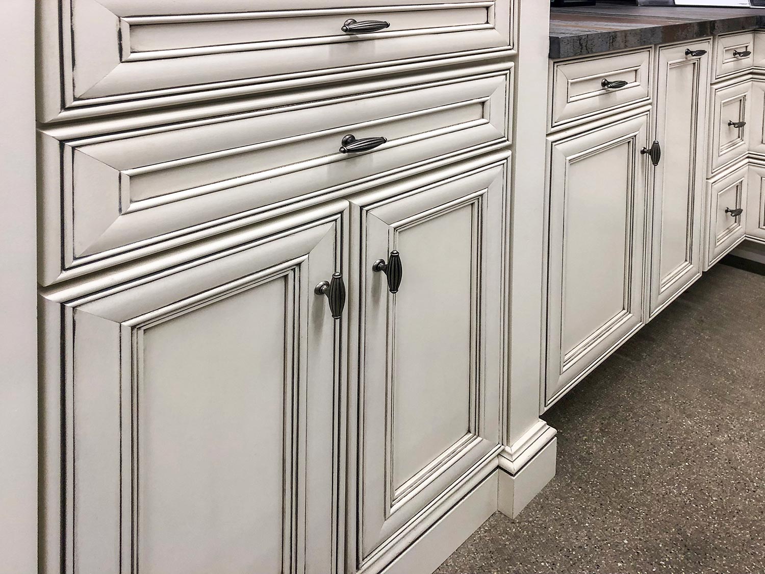 Kitchen cabinets in white cream color