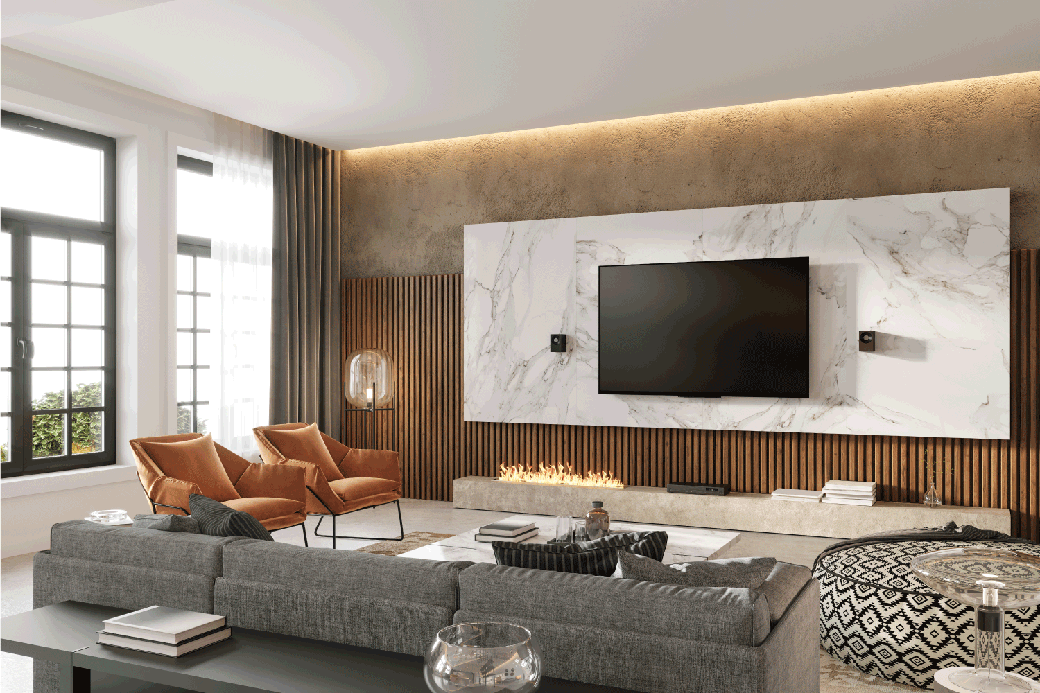 Large living room interior with TV television screen on the wall