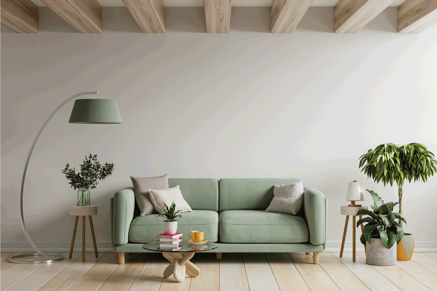 Light Green And Beige Living Room. Green sofa in modern apartment interior with empty wall and wooden table