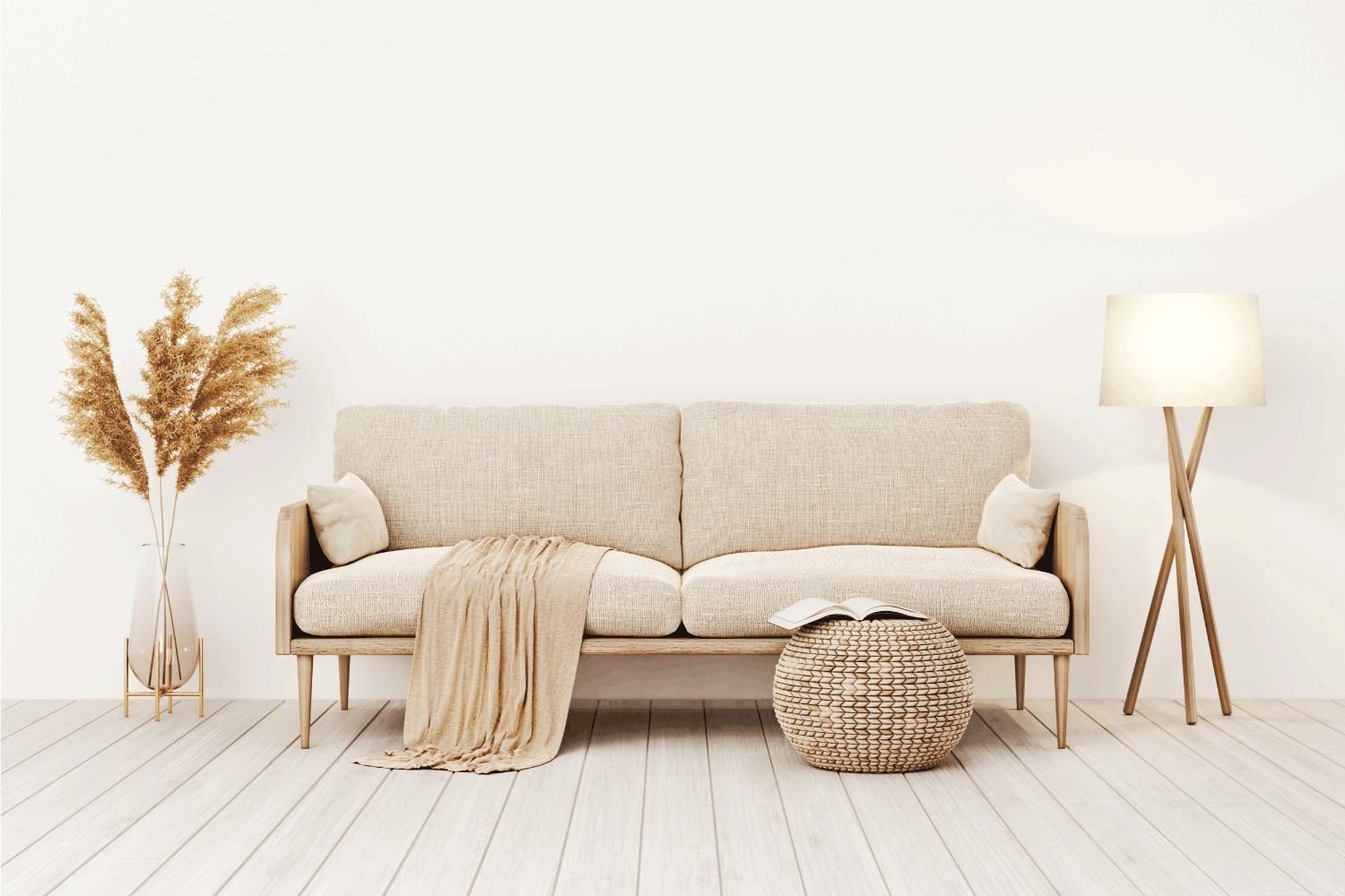 Living room interior wall mockup in warm tones with beige linen sofa, dried Pampas grass, woven table and boho style decoration