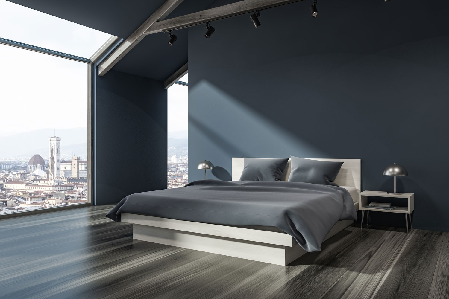 Minimalist themed bedroom with blue walls and black and white laminated flooring