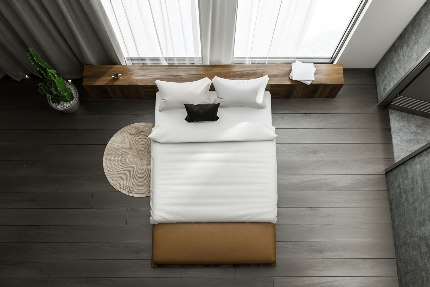 Modern bedroom with white and brown beddings with dark laminated flooring