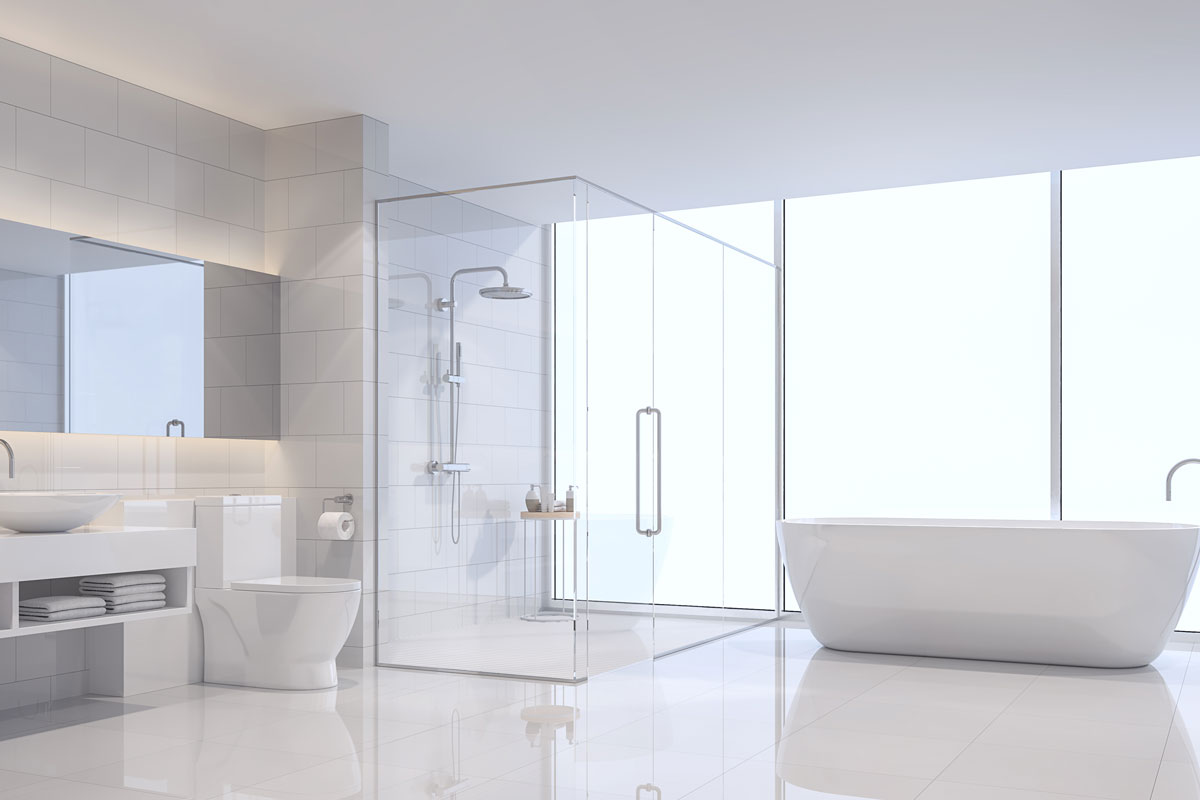 Modern white bathroom with white wall and floor with large windows