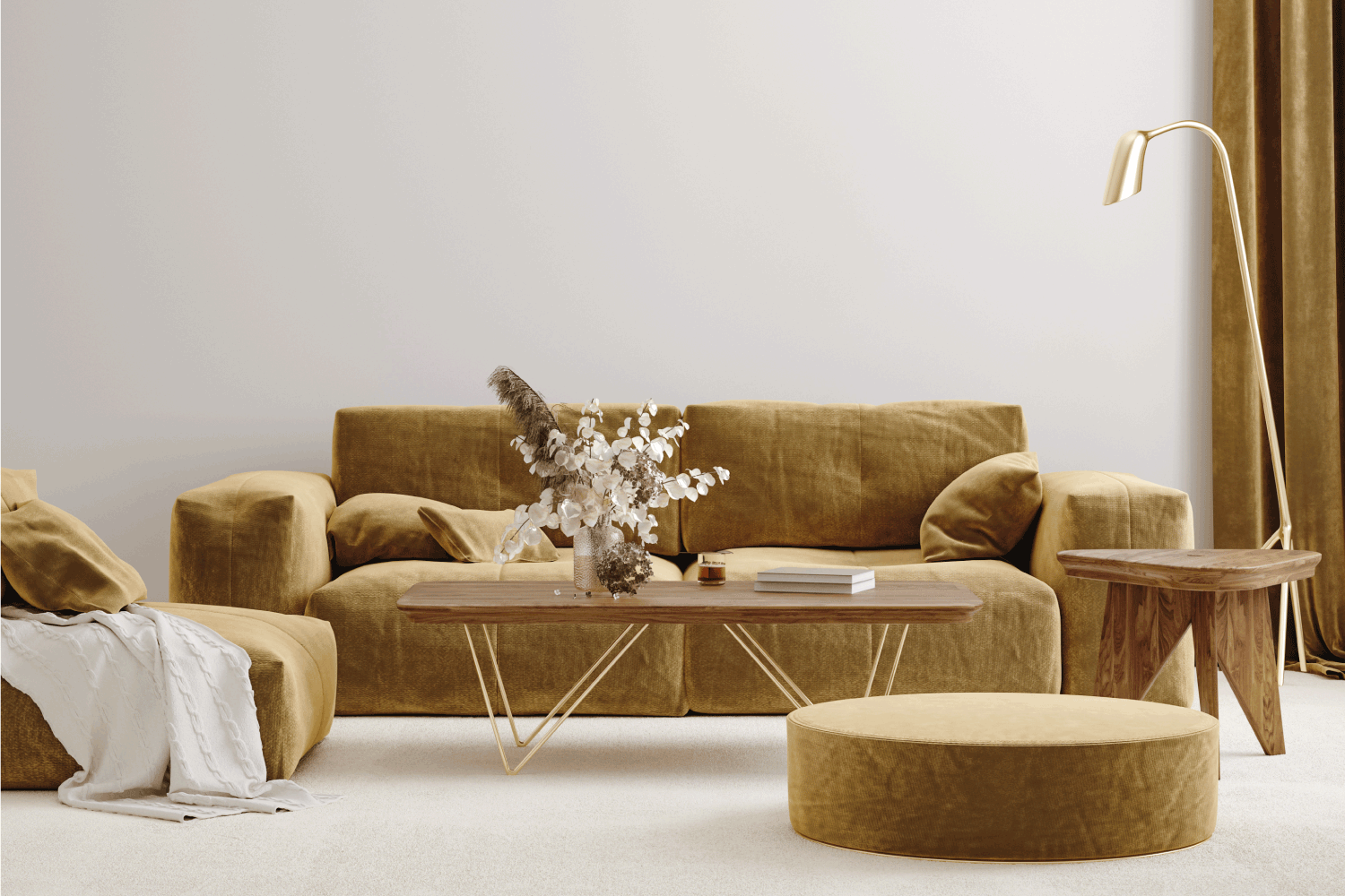 Retro Gold And Beige Living Room. Modern living room interior with stylish velvet sofa, beige carpet and golden floor lamp